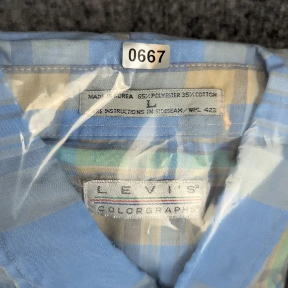 Vintage Levis Colorgraphs Mens Large Blue Plaid Short Sleeve Button Down Shirt