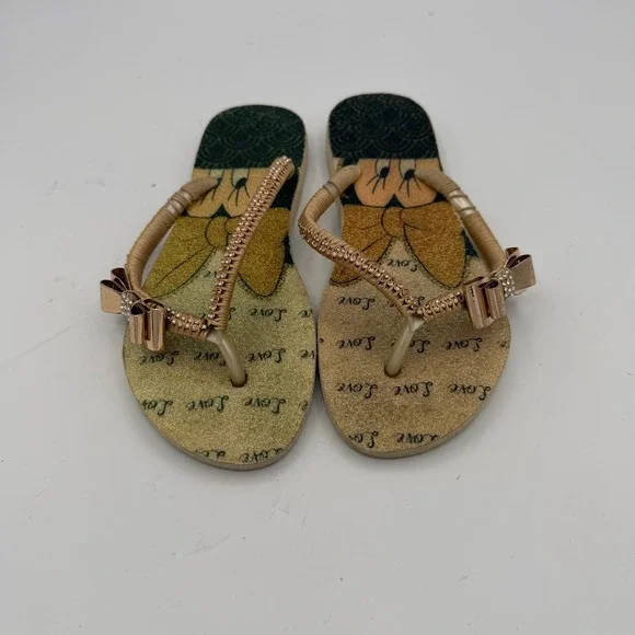 Disney Flip Flops Women Size 37/8 Good Gold Minnie Mouse Rhinestone Bow Sandals