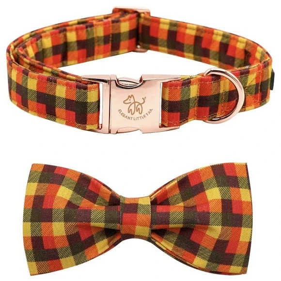 Elegant Little Tail XS Dog Collar & Bow Yellow Plaid Grid‎ Unisex Adjustable New