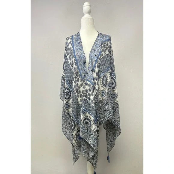Boho Sonoma Womens One Size Blue Mosaic‎ Medallion Tassel Kimono Wrap Cover Up