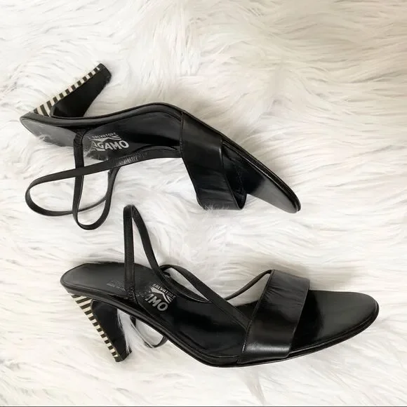 Salvatore Ferragamo black leather slingback striped heels sandal 7.5