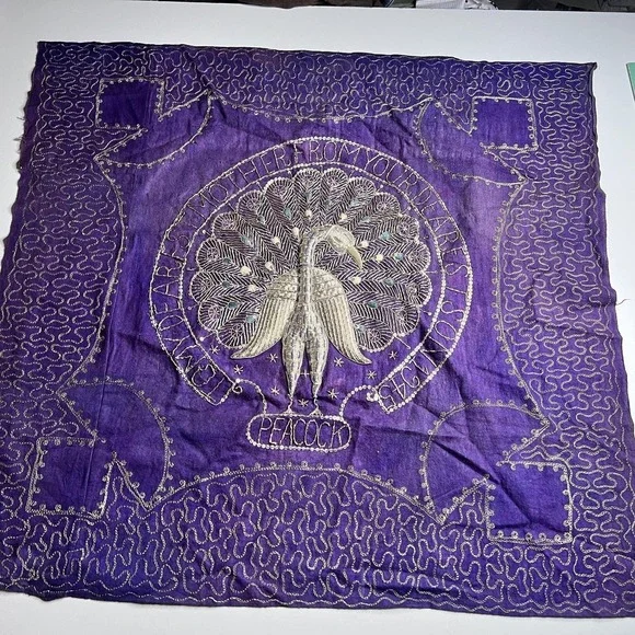 Vtg 1945 Indian Zari Embroidery Peacock Purple Velvet Panel WWII Era‎ Gift 36x35