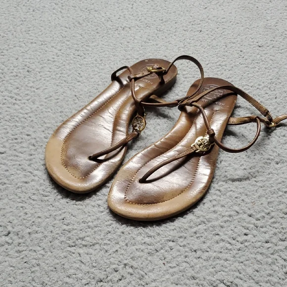 Tory Burch Women's Brown Leather T-Strap Sandals with Gold Logo Size 6.5