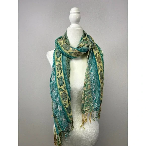 Boho Gold Coast Womens OS Teal Green Paisley Viscose Fringe Scarf Shawl Wrap‎
