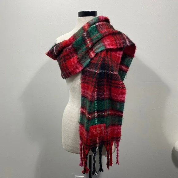 Victoria's Secret Plaid Oversized Tartan Scarf Red Green Pink Fringe Cozy‎ Warm