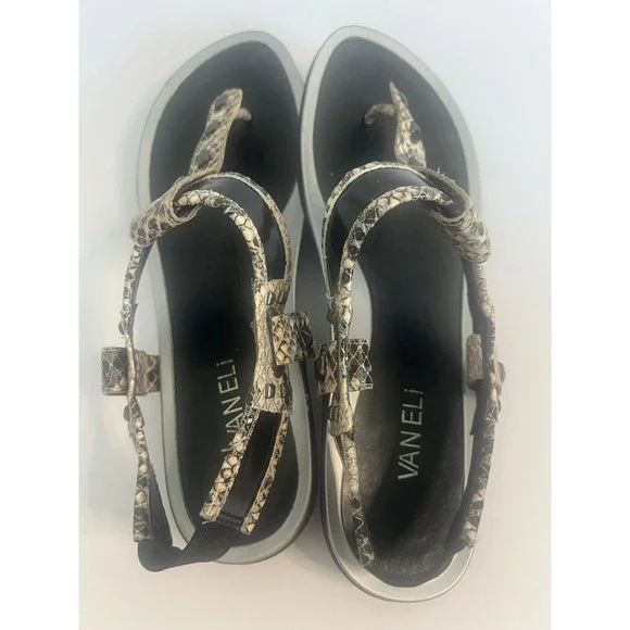 Vaneli Womens Snakeskin Print Studded Slingback Thong Sandals Black Silver 8.5M