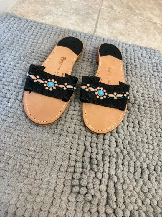 Jack Rogers Black Leather Slide Sandals with Turquoise & Peach Beading