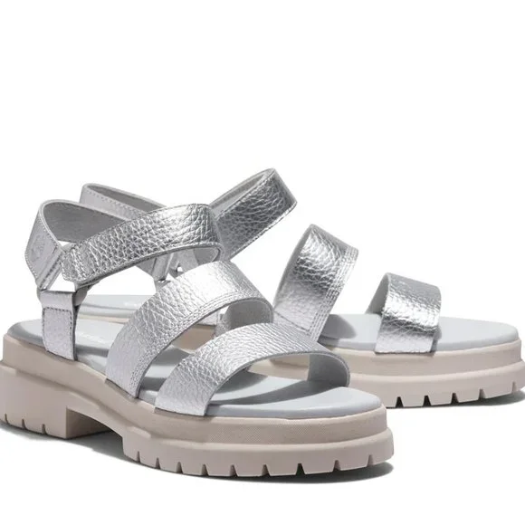 Timberland Silver London Vibe Ankle Strap Sandals Shoes Flats Multi Size NEW
