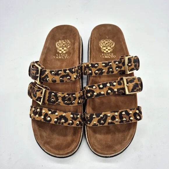 Vince Camuto Ciandra Size 9.5 M Slip On Slide 3 Straps Buckle Brown Flat 934