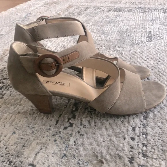 Paul Green Suede Kitten Heel Sandals Wooden Heel Buckle Handmade 6.5