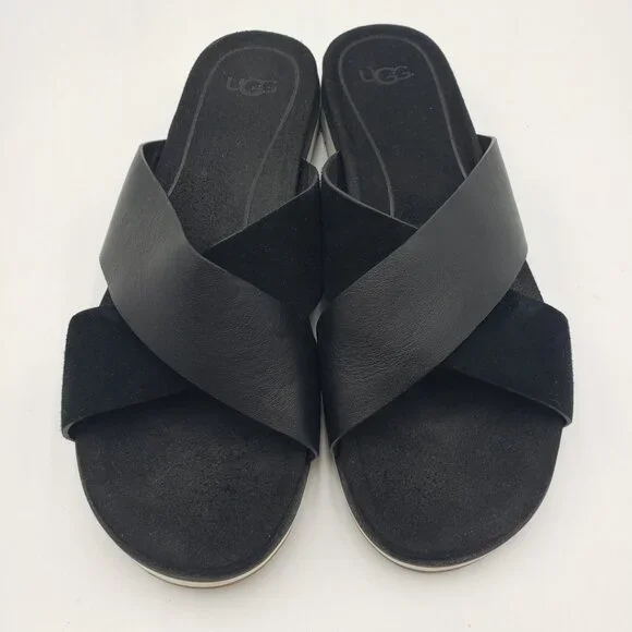 UGG Kari Criss Cross Sandals 7.5 Womens‎ Leather Slip On Black
