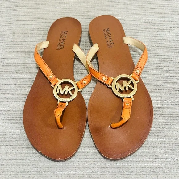 MICHAEL Michael Kors Aubrey Charm Thong Leather Sandals Orange/Gold Women's 8,5M