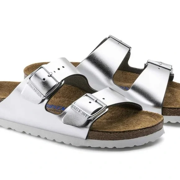 Birkenstock Arizona soft footbed sandals 38 metallic silver leather slides