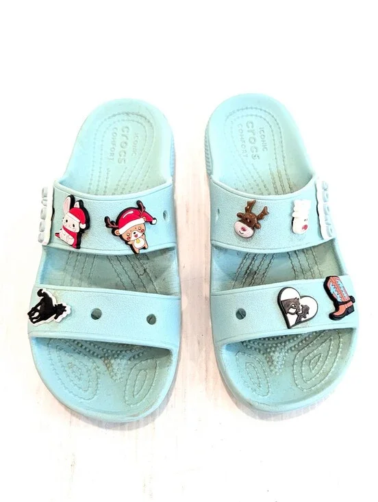 CROCS Light Blue Slide Sandals with Charms Size 7 Women's