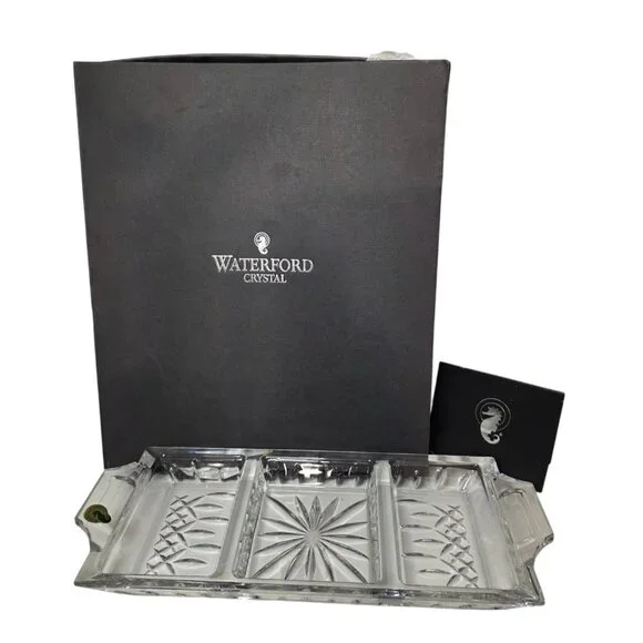 New Waterford Crystal Lismore 3-Part Handled Serving Tray with Box