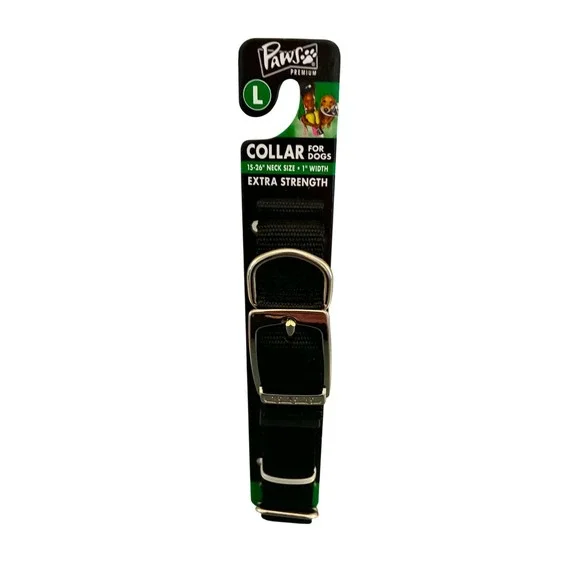 Paws Premium Dog Collar Large Black New Extra Strength Adjustable Nylon Buckle