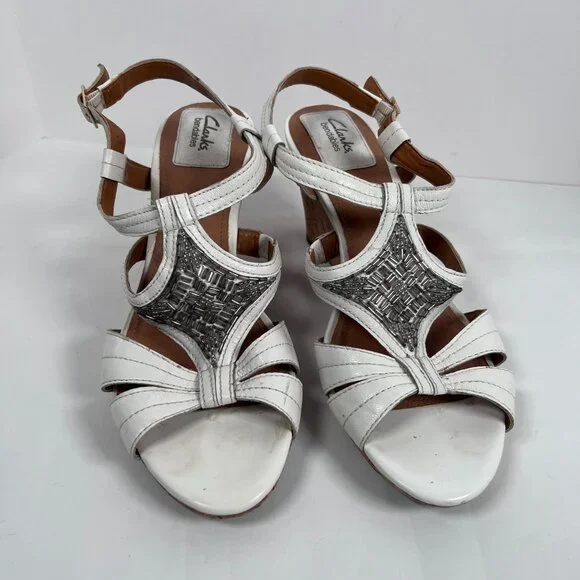 Clarks Bendables White Leather Sandals Wedge Cork‎ Heel Open Toe Womens 9