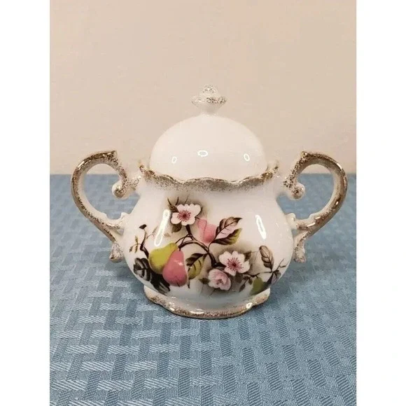 LEFTON CHINA SUGAR BOWL W/LID PAER FLORAL LEAF PATTERN NE 4354 Hand Panted