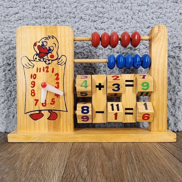 Vintage Wooden Abacus Clock Math Learning Toy Addition Subtraction Duck