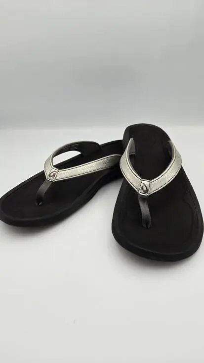 Olukai Kulapa Kai Womens Thong Sandals Flip Flops Black Silver Metallic Size 11