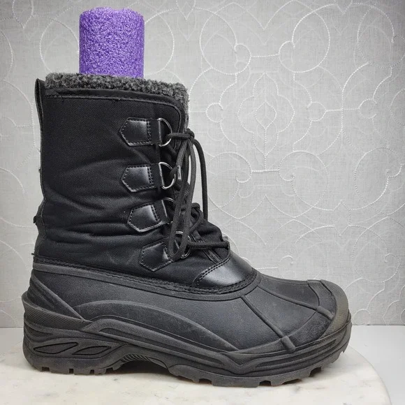 Eddie Bauer Shane Snow Boots 10 Mens Black Faux Leather Insulated Lace Up Winter