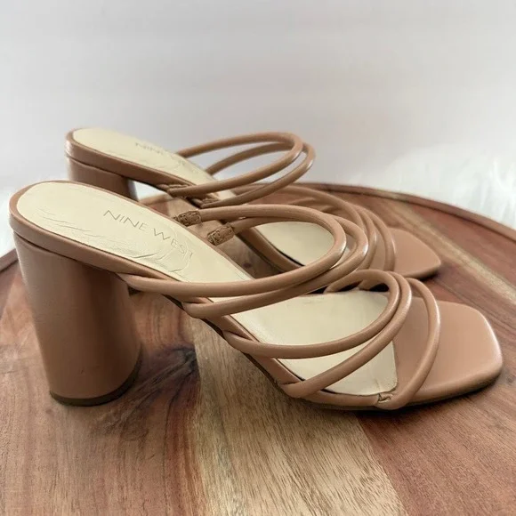 Nine West Tan Strappy Block Heel Square Toe Sandals Mules Womens 7.5M