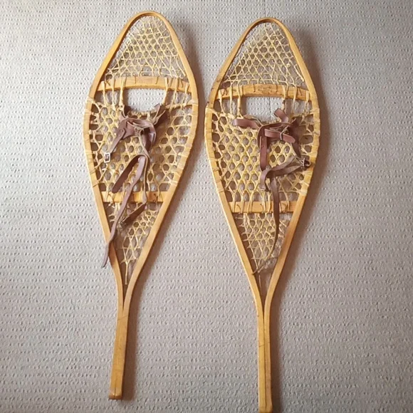 Vintage Kabir Kouba Wood & Rawhide Snowshoes W/ Leather Bindings 48 x 14