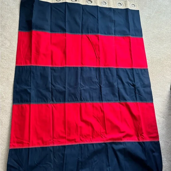POTTERY BARN KIDS RUGBY STRIPE RED NAVY KHAKI BLACKOUT GROMMET PANELS (2)Panels