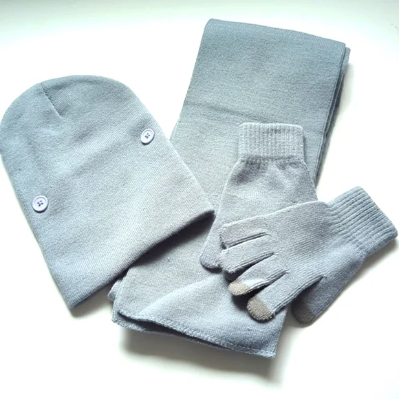 Unisex Scarf, Beanie & Gloves Gray Knit Cotton