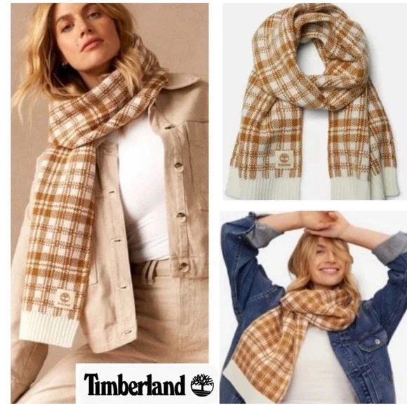 Timberland Buffalo Plaid Knit Scarf Wheat Tan Cream Chunky Unisex‎ OS NWT $60