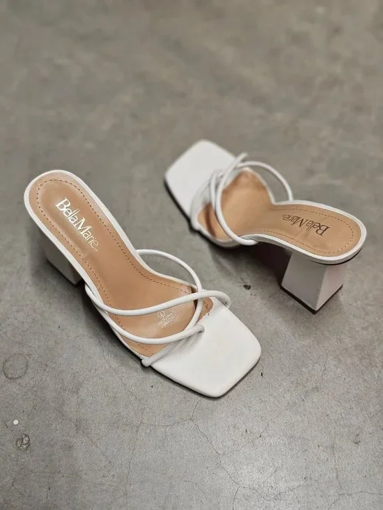 Womens White Strappy Block Heel Sandals With Square Toe Design