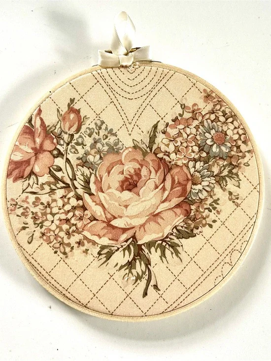 10” Floral Round Wall Art, 10” Hoop in Taupe and Blush