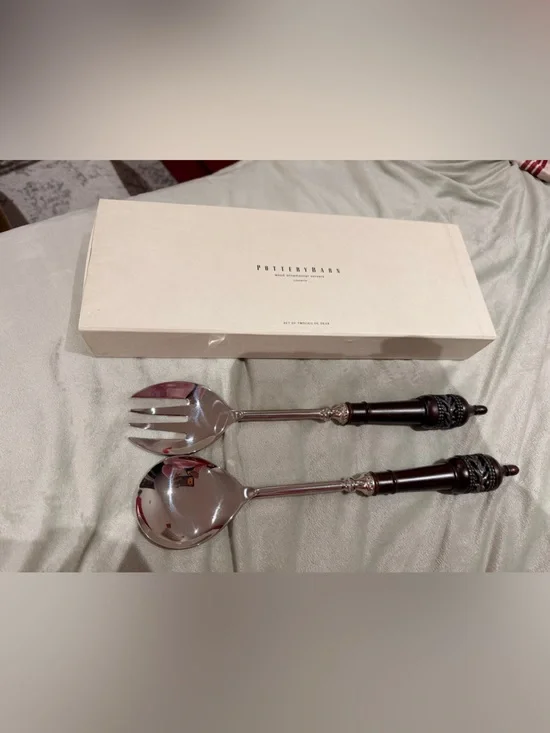 Pottery Barn Wood Ornamental Serving Spoon and Fork Stainless Steel Serving Set