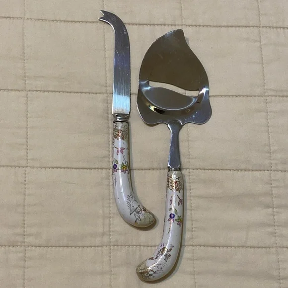 Sheffield England Cheese Slicer & Knife Set Floral Design Porcelain Handles