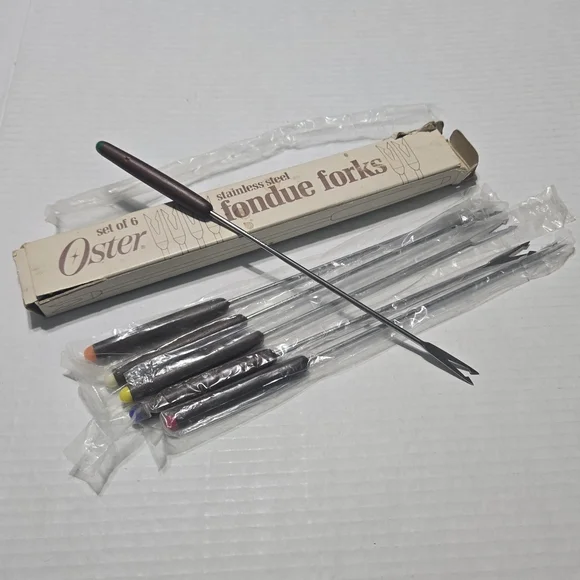 Vintage OSTER Stainless Steel FONDUE Forks MCM, colored tip fondue fork set of 6