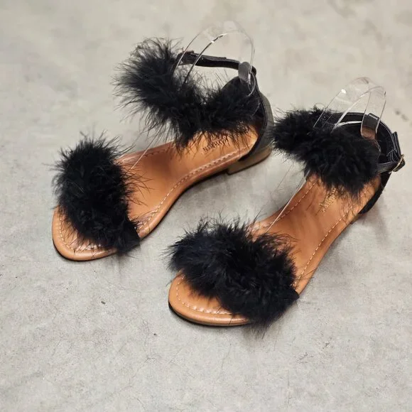 Faux Fur Black Ankle Strap Flat Sandals
