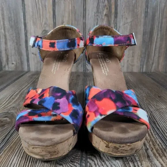 Toms Wedge Sandals Floral Hawaiian Platform Ankle Strap Peep Toe Shoes‎ Size 6