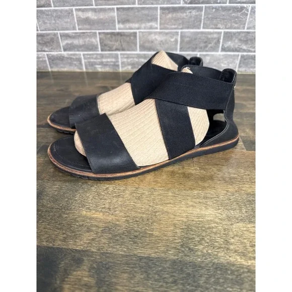 Sorel Ella Sandal Womens Black Leather Elastic Crisscross Flat Sandals Sz 8