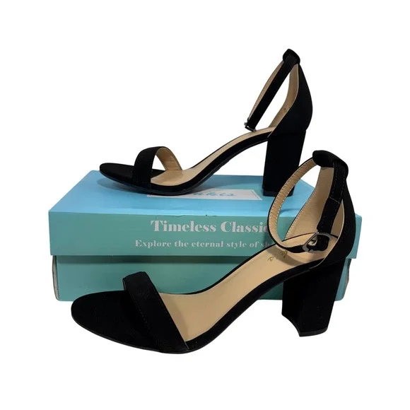 Ankis Women Black Faux Suede Block Heel Ankle Strap‎ Sandals Size 7.5 Open Toe