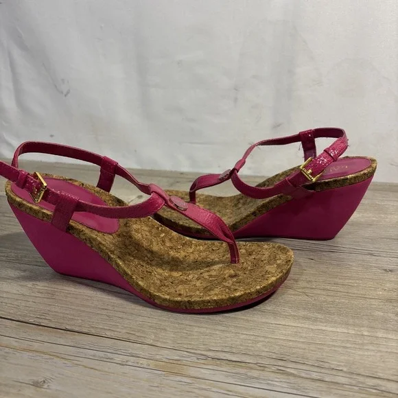 Women's 9 Vintage Ralph Lauren Reeta Strappy Pink Fuchsia Cork Wedge Y2K