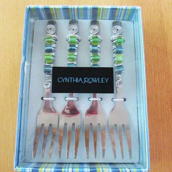 Cynthia Rowley blue & green beaded cocktail dessert forks - New in box