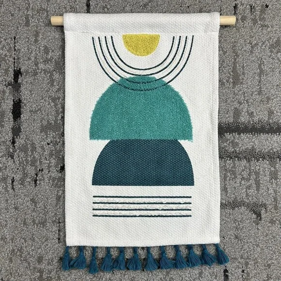 Boho Tapestry Rug Wall Textile Hanging White Teal Like Turquoise Fringe Geometri