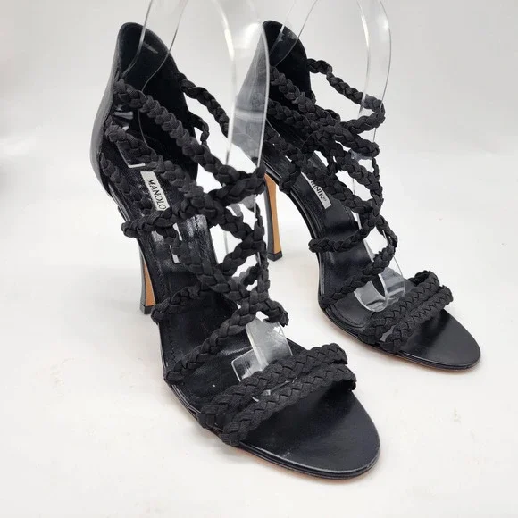 Manolo Blahnik Braided Gladiator Sandal Heels in Black Cotton Women's 39 Strappy