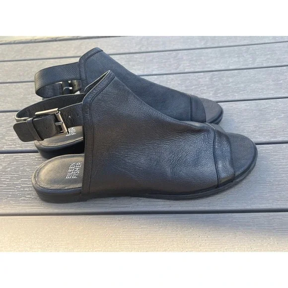 Eileen Fisher Sandals Black Leather Open Toe Buckle Ankle Strap Flat Shoes 7.5