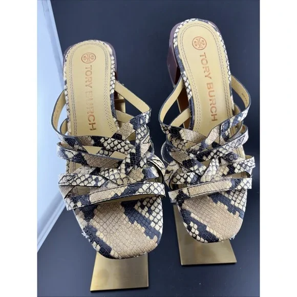 Tory‎ Burch Basket-weave Block Heel Snakeskin Python Print Leather Sandals 7M