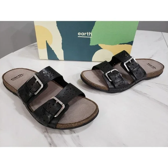 NEW Earth Leather Slide Sandals‎ Sand Antigua Black Size 10