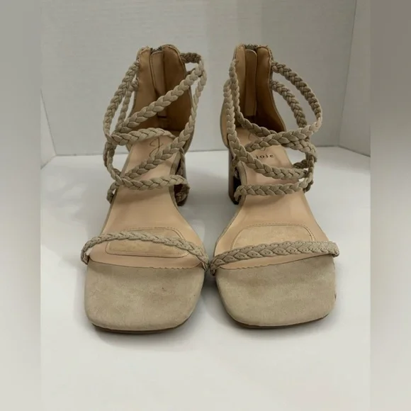 Joie Felina Women Beige Braided Open Toe Strappy Block Heel Sandals Size 9.5