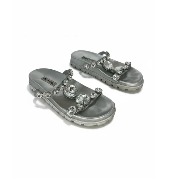 Miu Miu Argento Crystal Embellished Platform Slide Sandals Silver Size 39.5
