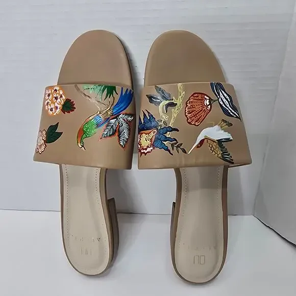 ALEPEL BIRD FLORAL BEIGE SLIDES, SIZE 8