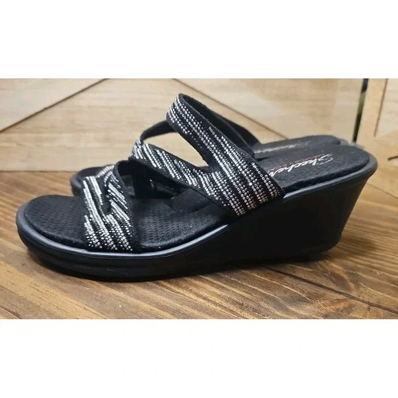 Skechers Sz 9 Foam Wedge‎ Heel Strappy Sandals Black And White Crystals #440